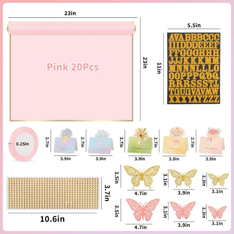 Besuper 52Pcs Flower Bouquet Wrapping Paper Accessories Kit, 20 Sheets Pink Waterproof Floral Wrapping Paper, 12 Gold 12 Pink Butterflies, 5 Cards, 1 Ribbon, 1 Letter 1 Rhinestone Sticker (Gold Edge) - Image 2